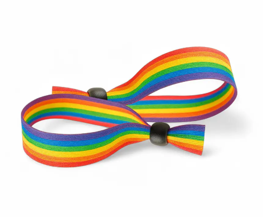 duas pulseiras de tecido com as cores do arco-íris e um fecho de plástico preto