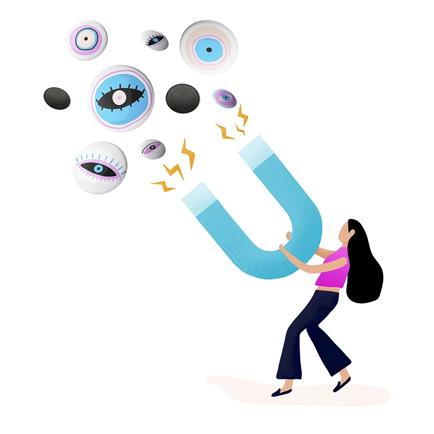 ilustración de una mujer con un imán gigante atrayendo chapas con imán personalizadas con dibujos abstractos de ojos