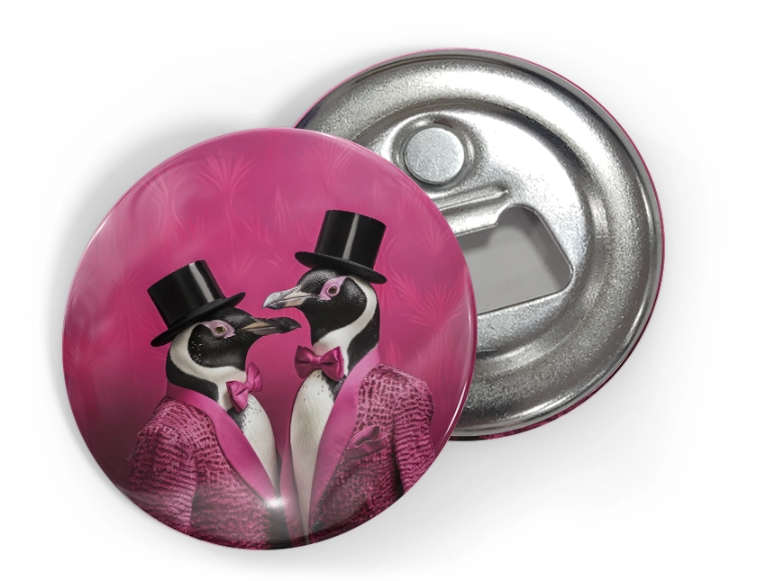 chapa abrebotellas redonda con la imagen de unos pingüinos con smoking rosa y sombrero de copa