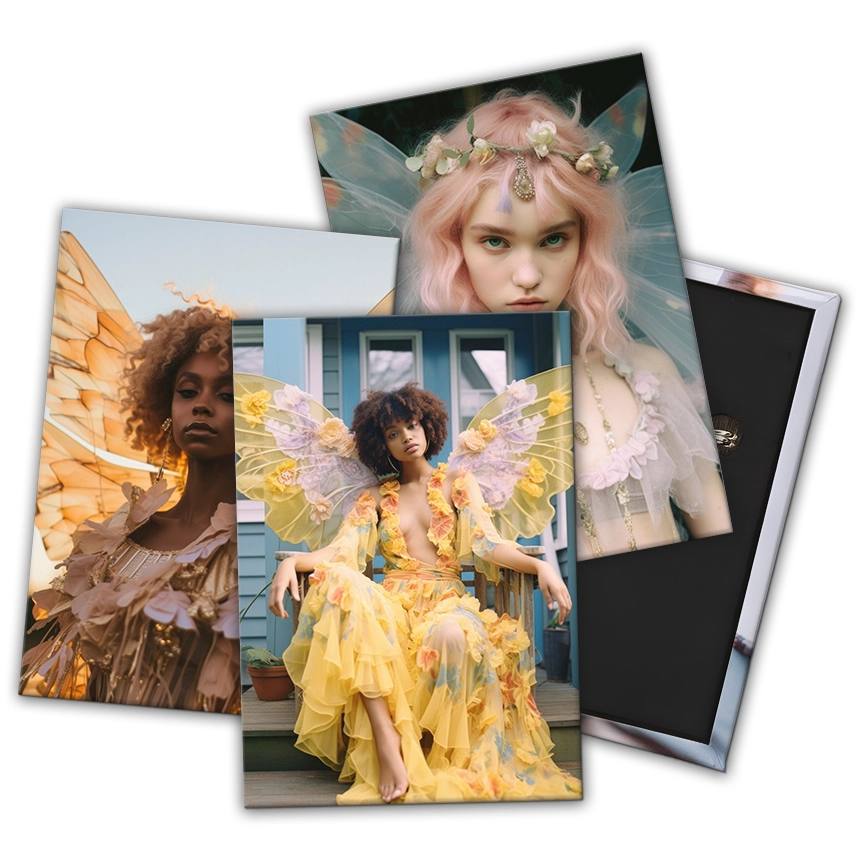 spille rettangolari personalizzate con spillo e fotografie di fate