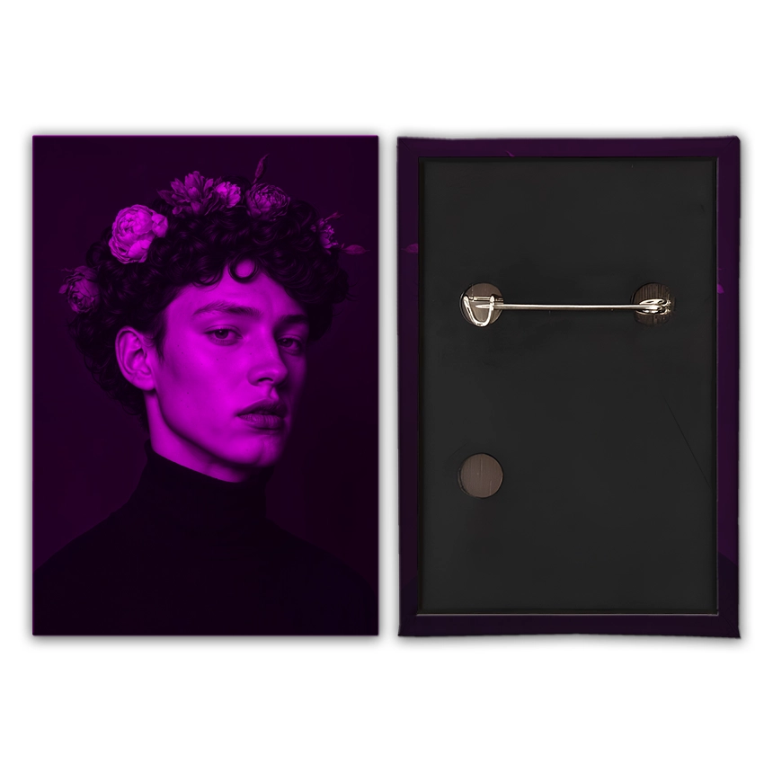 crachá retangular personalizado com o retrato de um homem com coroa de flores em rosa néon e preto