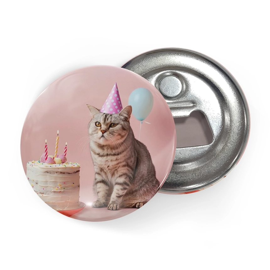 spilla personalizzata con apribottiglie con un gatto che festeggia un compleanno su sfondo rosa