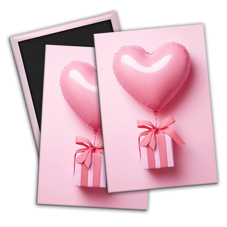 spilla rettangolare con spilla di colore rosa con un regalo e un palloncino a forma di cuore