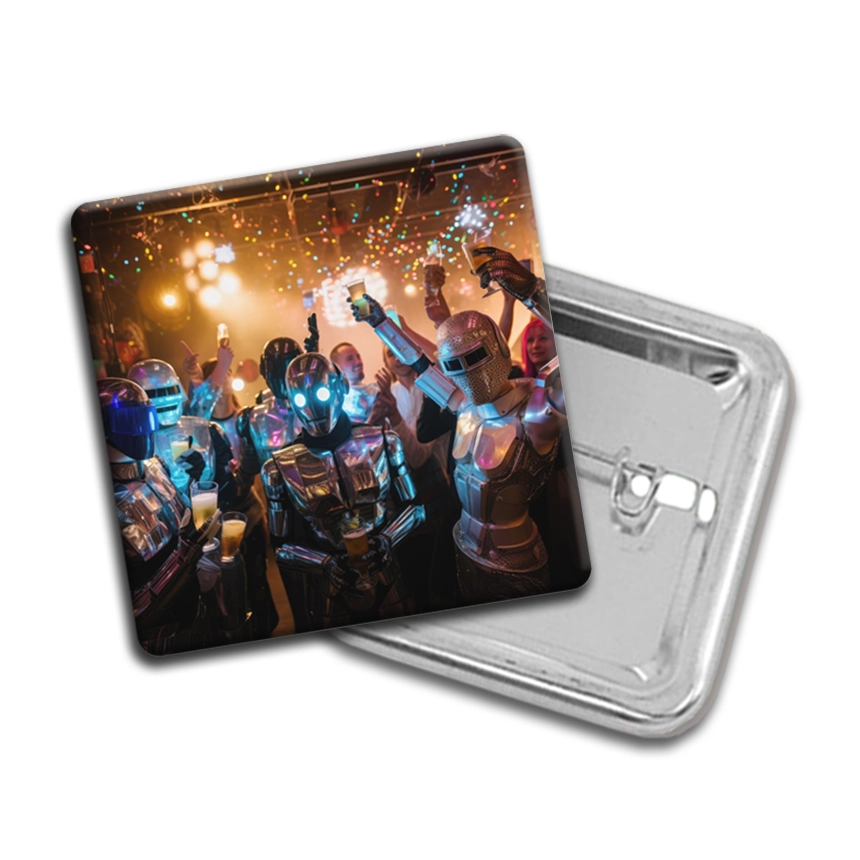 chapa cuadrada personalizada con la imagen de una fiesta de robots con los brazos en alto
