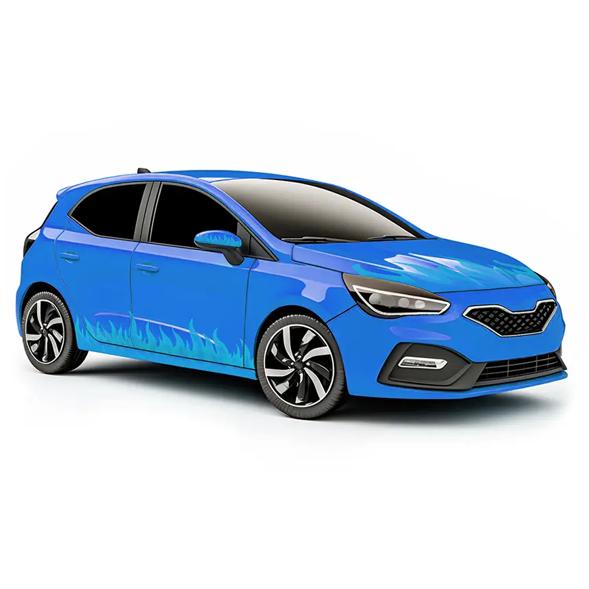 coche azul tuneado con vinilo para coches con diseño de llamas
