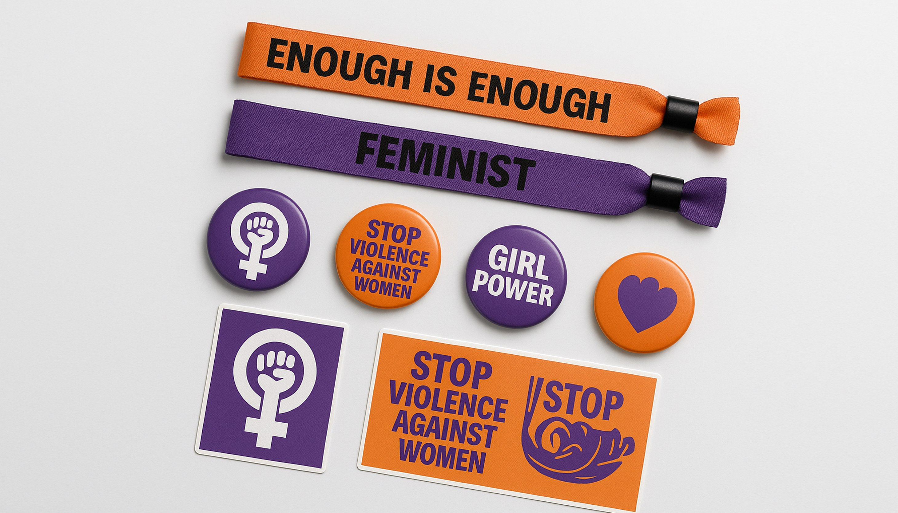 Pulseras de tela, chapas y pegatinas personalizadas con temática feminista