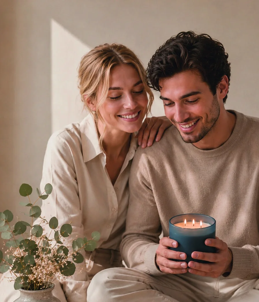 Pareja compartiendo un momento con una vela aromática
